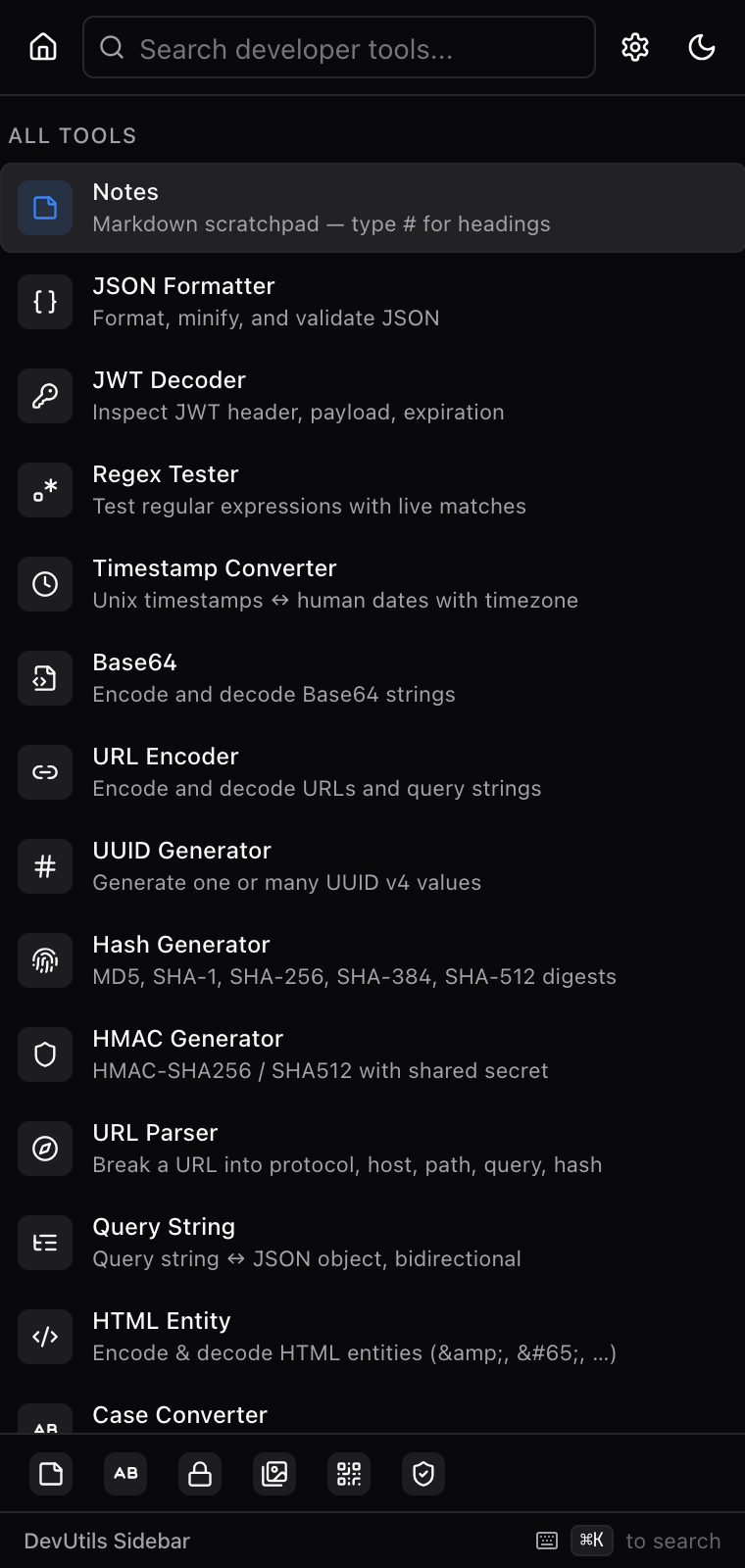 DevUtils Sidebar